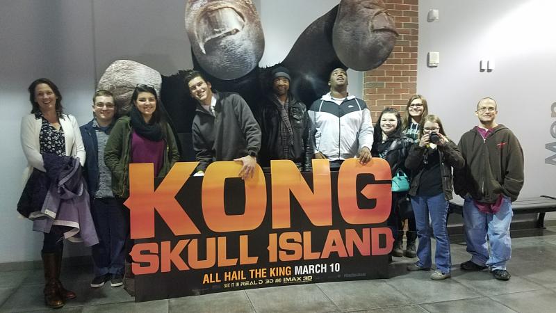Delaware Tech Introduction to Film students pose with a giant King Kong hand in the lobby of the Penn Cinema Riverfront prior to touring the facility. Shown are (l-r) instructor Jessica Farley, Anthony Rousack, Marykate Bennett, Brennan Weber, Anthony Quinn, Willie Brown, Colleen Carney, Kaitlyn Ward, Chelsea Wootten and Jerry Doolin. SUBMITTED PHOTO
